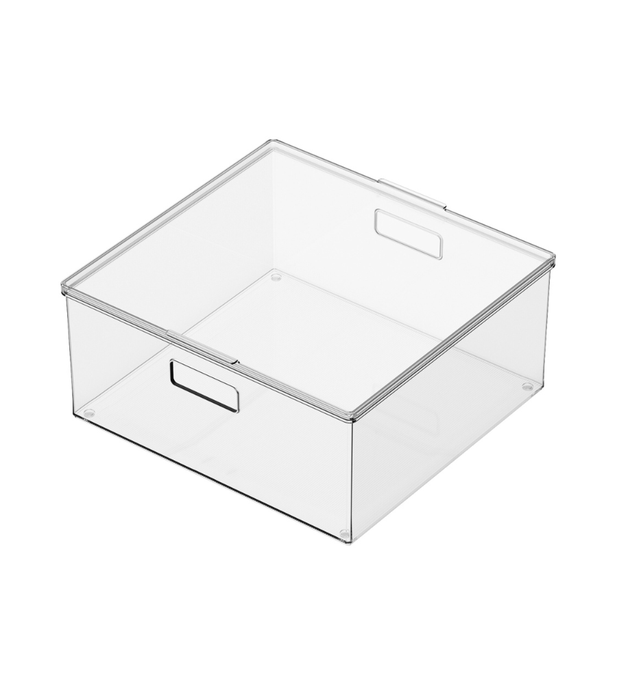 Der BNB x VCN Aufbewahrungsbehälter mit Deckel KLAR - Div. Grössen Extra lang ist ein klarer, rechteckiger Aufbewahrungsbehälter mit seitlichen Griffen; stapelbar und ideal für die organisierte Aufbewahrung.