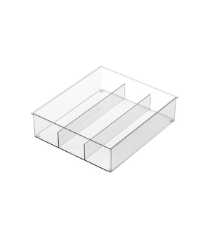 Der BNB x VCN Schubladen Organizer KLAR 3 Fächer (38x33,3x10 cm) ist ein transparentes Acryltablett mit drei Trennwänden, die vier Fächer bilden - ideal für tiefe Schubladen und auf einem schlichten weißen Hintergrund abgebildet.