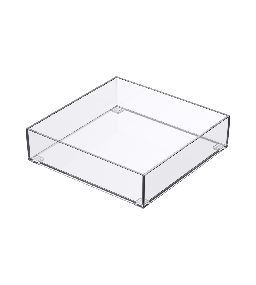 Der SLIDE Schubladen Organizer KLAR von BNB x VCN ist eine transparente, quadratische Acrylbox mit geraden Kanten und offener Oberseite, ideal für die Organisation von gestapelten Schubladen. Hier abgebildet in klar auf weißem Hintergrund.