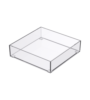 Der SLIDE Schubladen Organizer KLAR von BNB x VCN ist eine transparente, quadratische Acrylbox mit geraden Kanten und offener Oberseite, ideal für die Organisation von gestapelten Schubladen. Hier abgebildet in klar auf weißem Hintergrund.