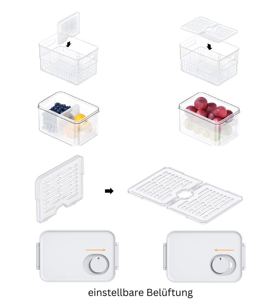 Il contenitore per alimenti DATEMATE KLAR Bianco di BNB x VCN con timer di conservazione ha un design impilabile, ventilazione regolabile (scritta in tedesco: ventilazione regolabile) e mantiene la frutta fresca più a lungo grazie al cursore sul coperchio.