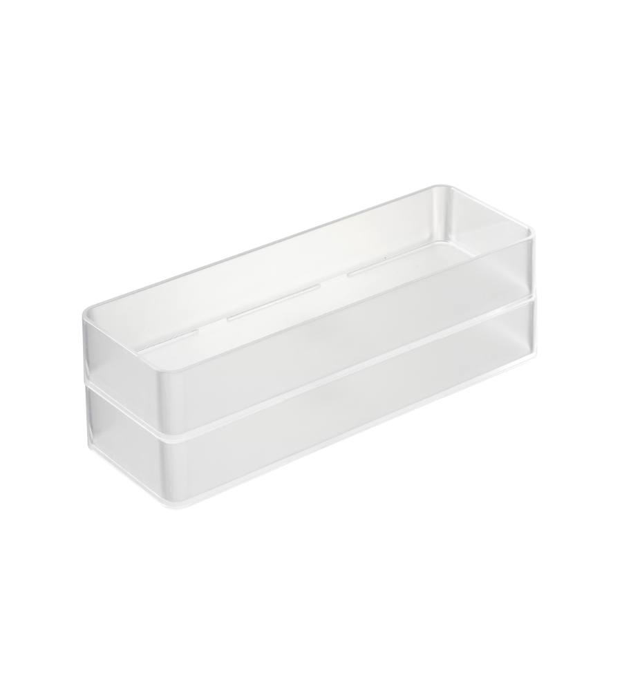 Der YAMAZAKI TOWER Schubladen Organizer Weiss L, Set 2 Stk. besteht aus klaren, rechteckigen Acrylboxen mit glatten Kanten und offener Oberseite, die sich ideal als stapelbare Schubladenorganizer eignen.