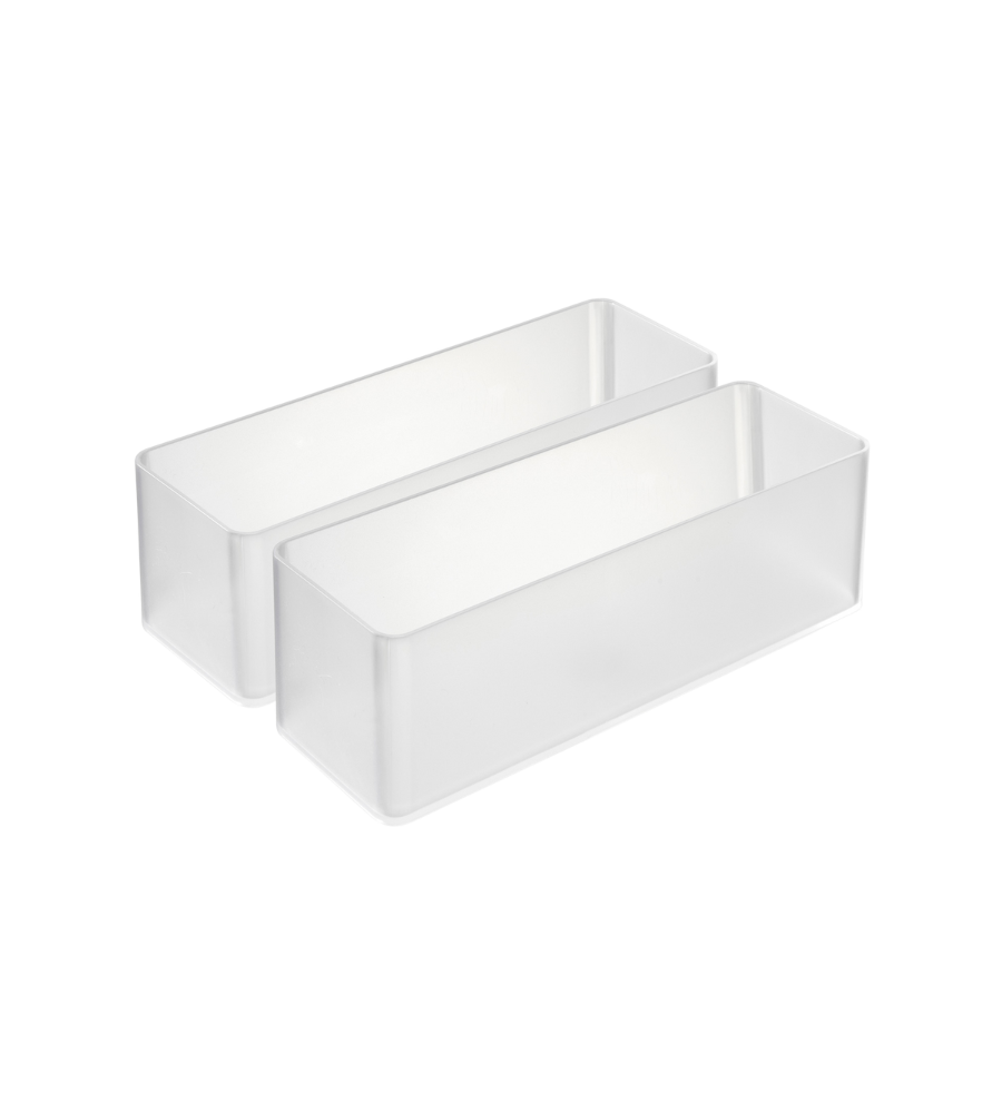 Zwei weiße, rechteckige YAMAZAKI TOWER Schubladen Organizer Weiss L DEEP (2er-Set) stehen nebeneinander auf einem unifarbenen Untergrund - ideal für eine effiziente Schubladenorganisation.