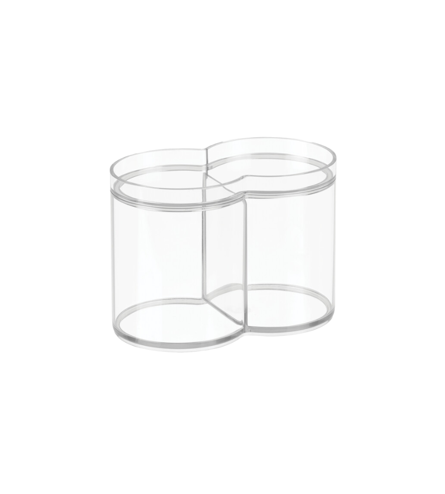 Der iDesign CLARITY - Kosmetik Organizer KLAR - mit Deckel bietet eine klare, kleeblattförmige Doppelkammer mit zwei runden Fächern, ideal für die Aufbewahrung im Badezimmer, auf einem schlichten weißen Hintergrund.